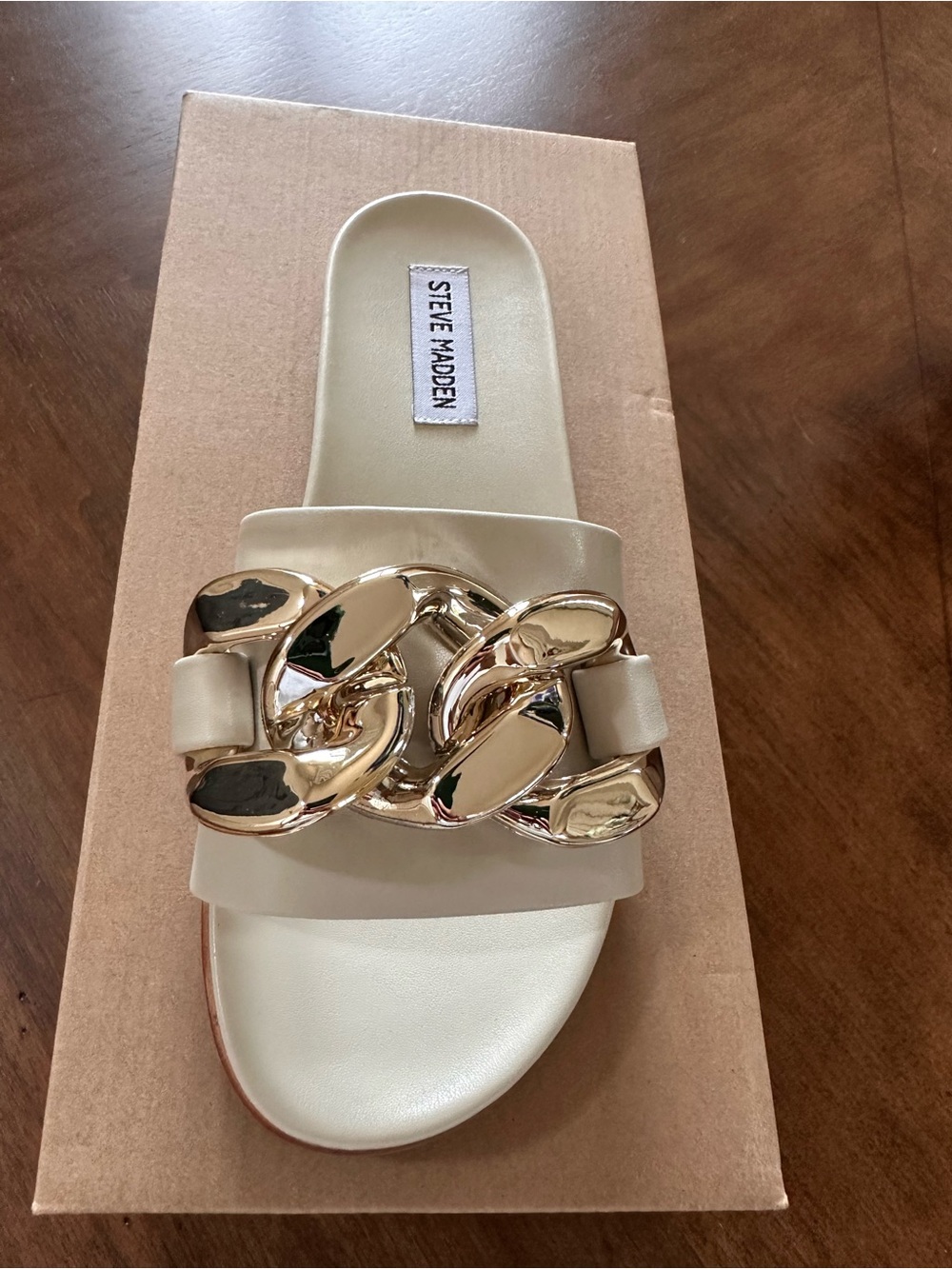 Steve Madden Cream Slide Sandal with Gold Chain Accent